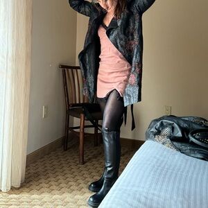 Sky & Sparrow Dusty Rose Satin & Black Lace Slip Dress